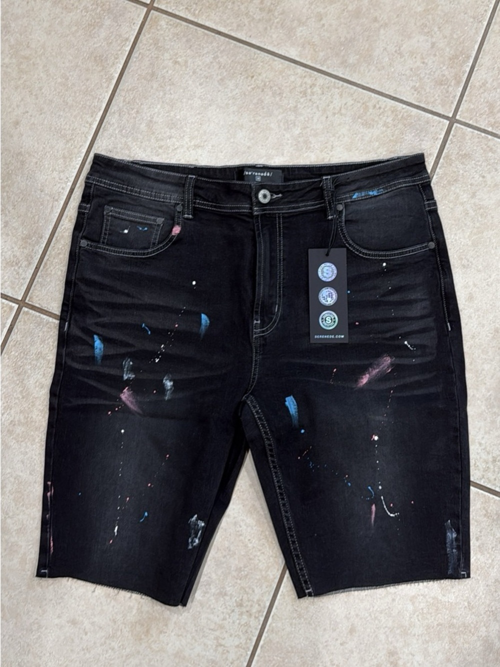 Serenade Men's Black Paint-Splatter Denim Shorts
